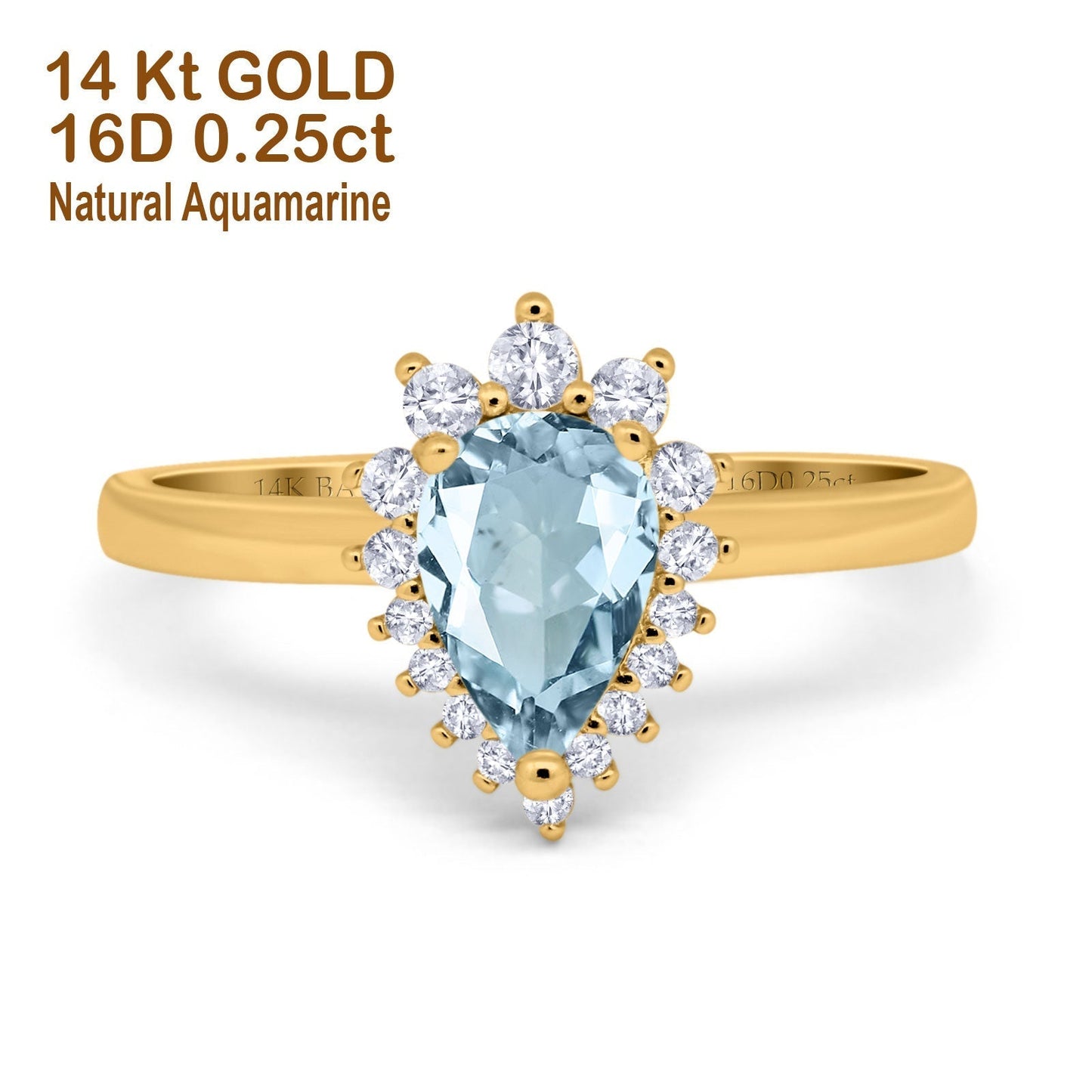 14K Yellow Gold 2.00ct Teardrop Pear 9mmx7mm G SI Natural Aquamarine Diamond Engagement Wedding Ring Size 6.5