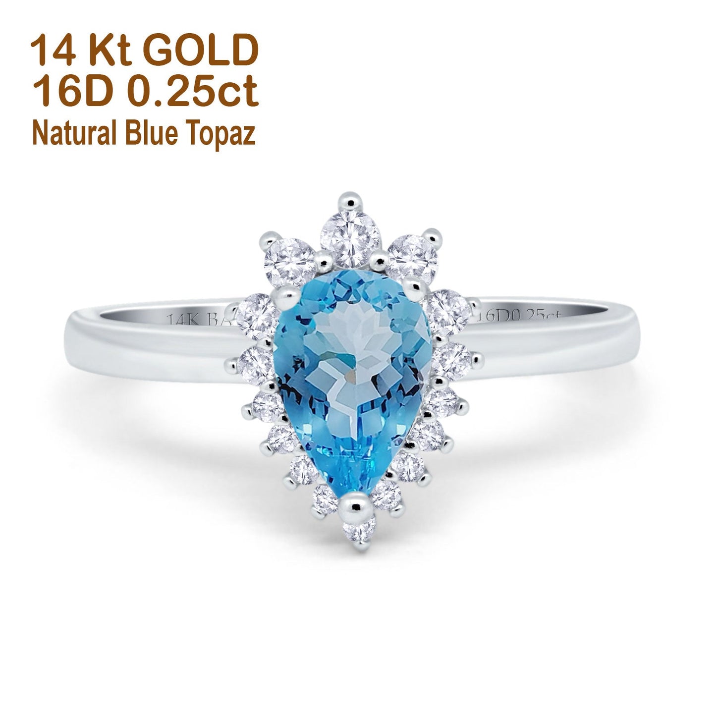 Bague de fiançailles en or blanc 14 carats avec topaze bleue naturelle en forme de poire de 9 mm x 7 mm et 2,00 ct en forme de larme, taille 6,5