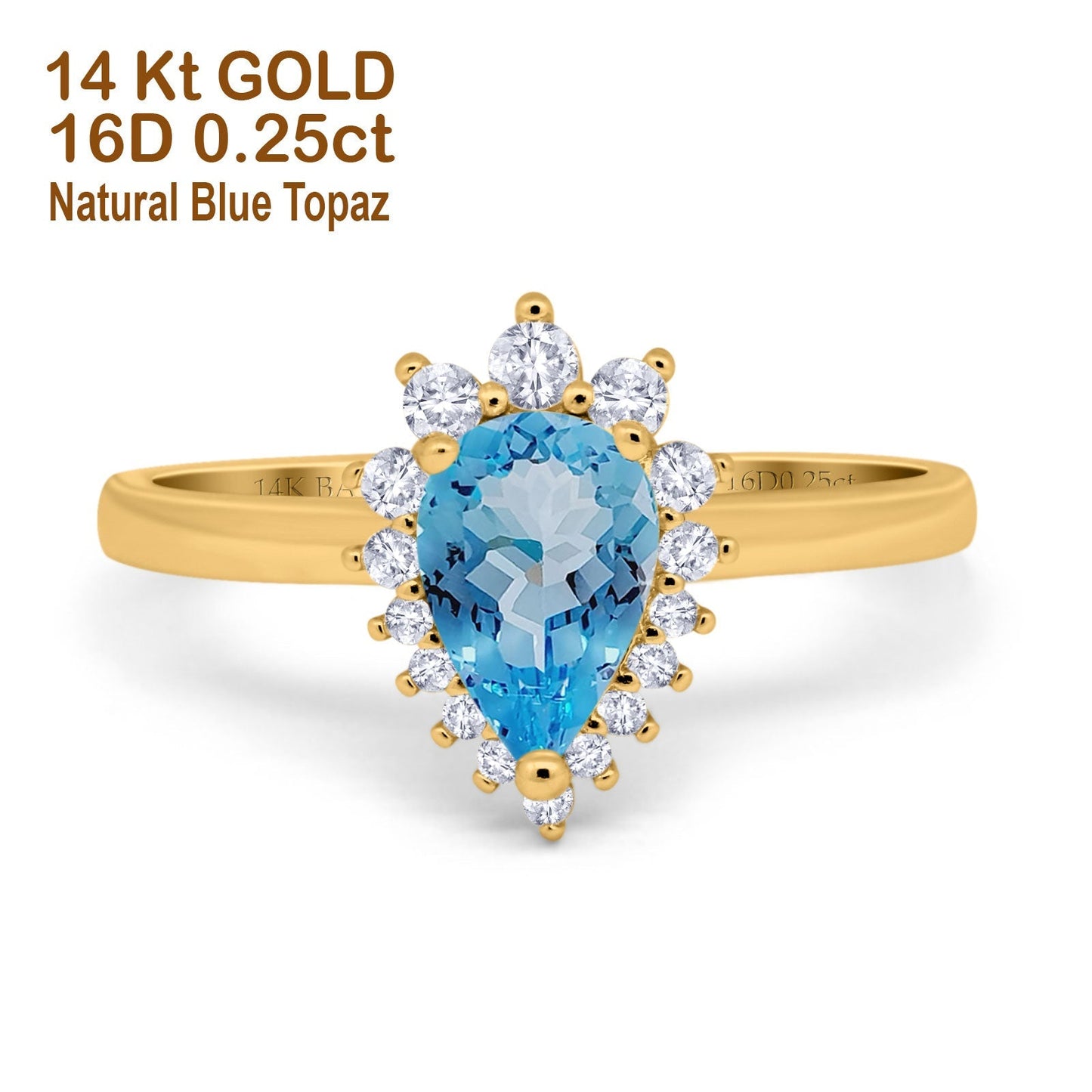 14K Yellow Gold 2.00ct Teardrop Pear 9mmx7mm G SI Natural Blue Topaz Diamond Engagement Wedding Ring Size 6.5