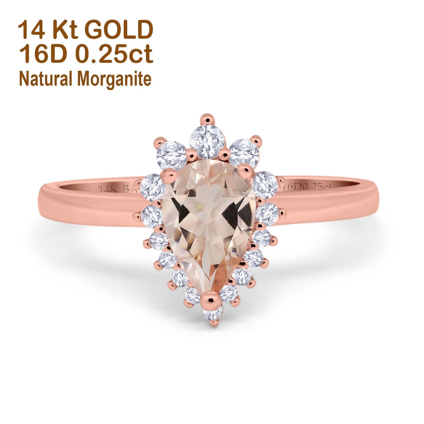 14K Rose Gold 2.00ct Teardrop Pear 9mmx7mm G SI Natural Morganite Diamond Engagement Wedding Ring Size 6.5