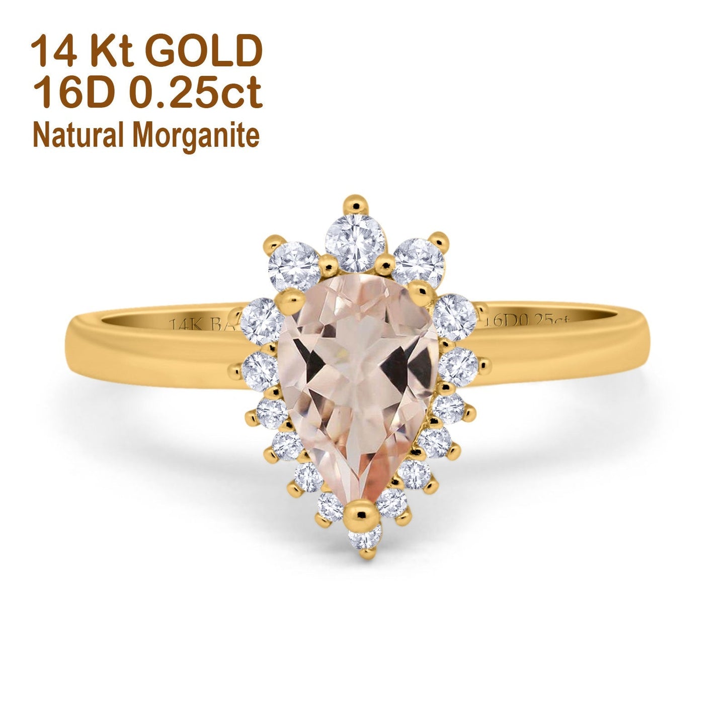 14K Yellow Gold 2.00ct Teardrop Pear 9mmx7mm G SI Natural Morganite Diamond Engagement Wedding Ring Size 6.5