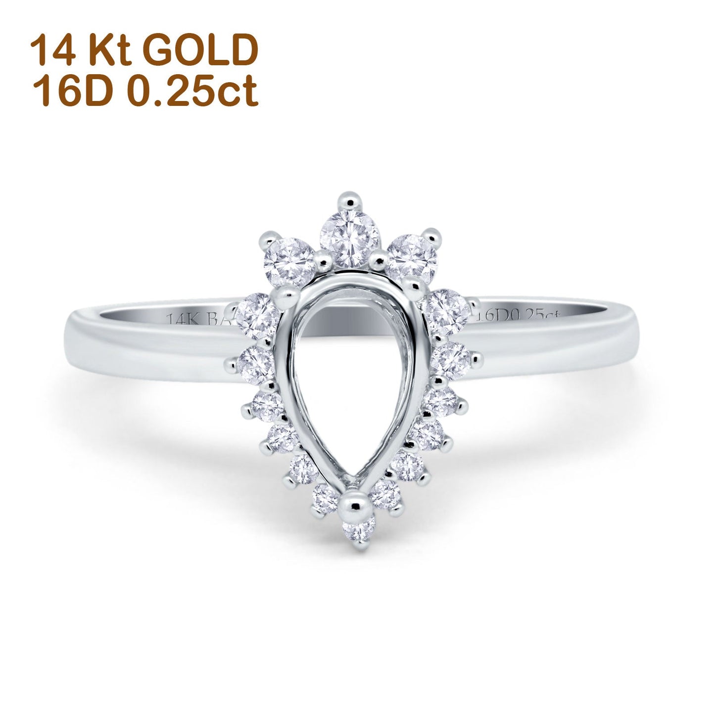 14K White Gold 0.25ct Teardrop Pear 9mmx7mm G SI Semi Mount Diamond Engagement Wedding Ring Size 6.5