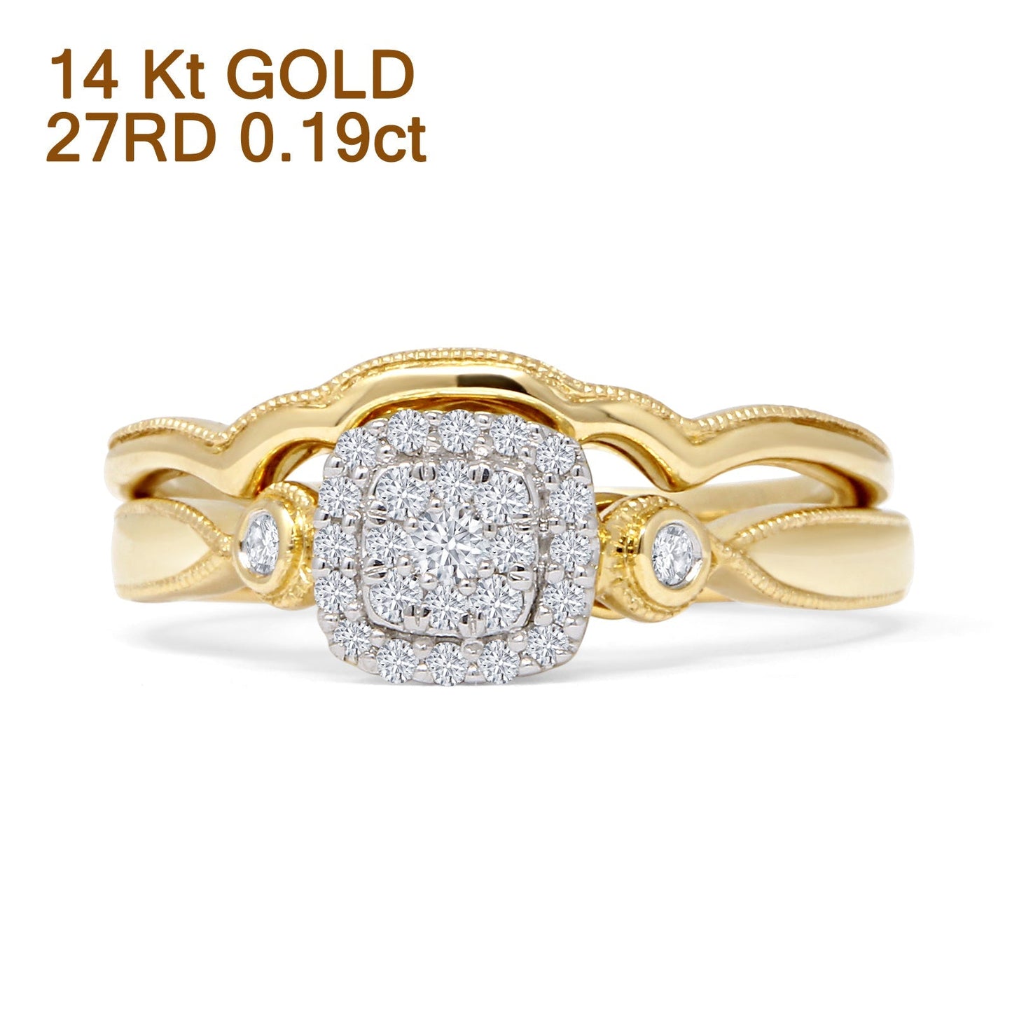 Halo Diamond Cushion Ring Set Twisted Milgrain 14K Yellow Gold 0.19ct Wholesale