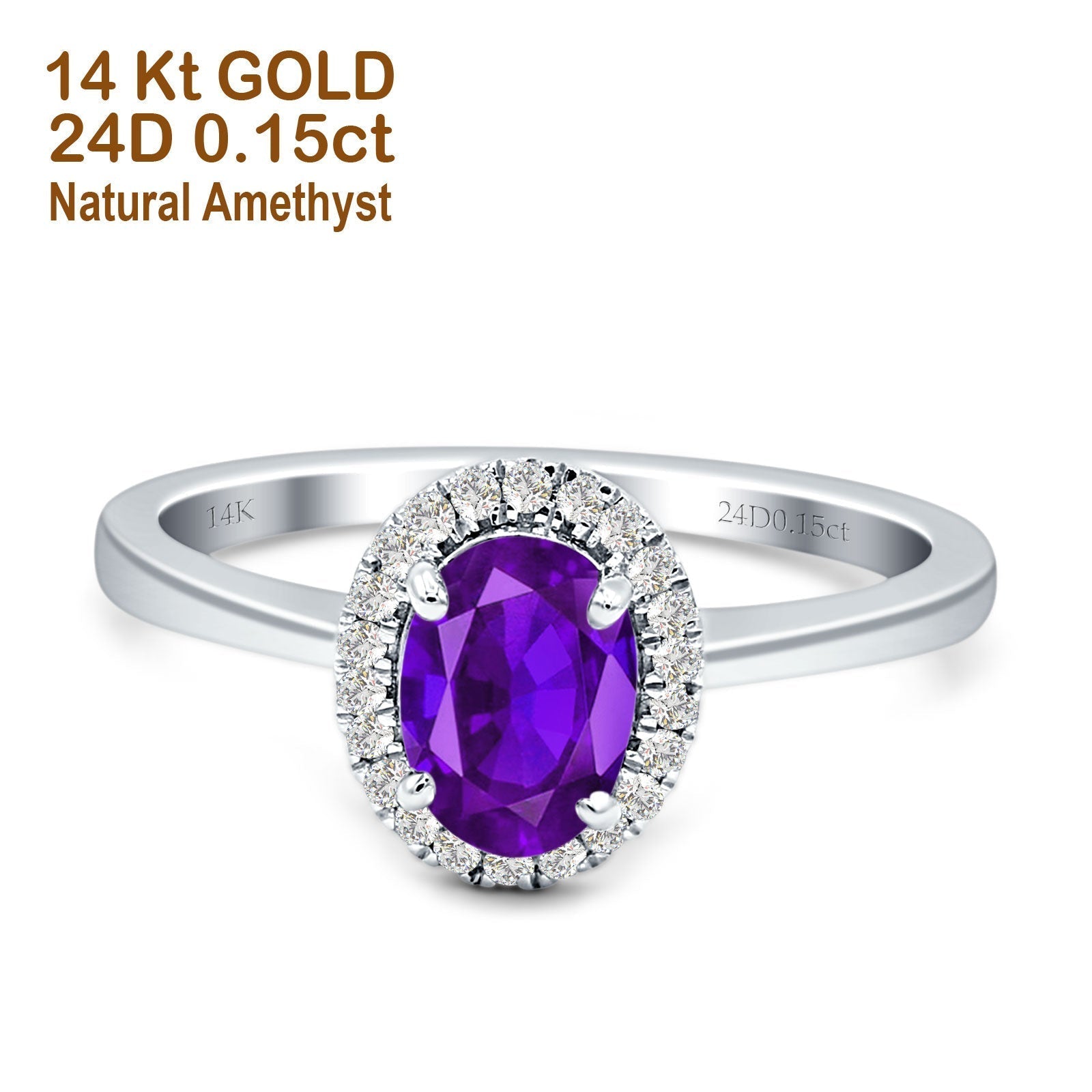 Oval Natural Purple Amethyst Halo Diamond Solitaire Ring