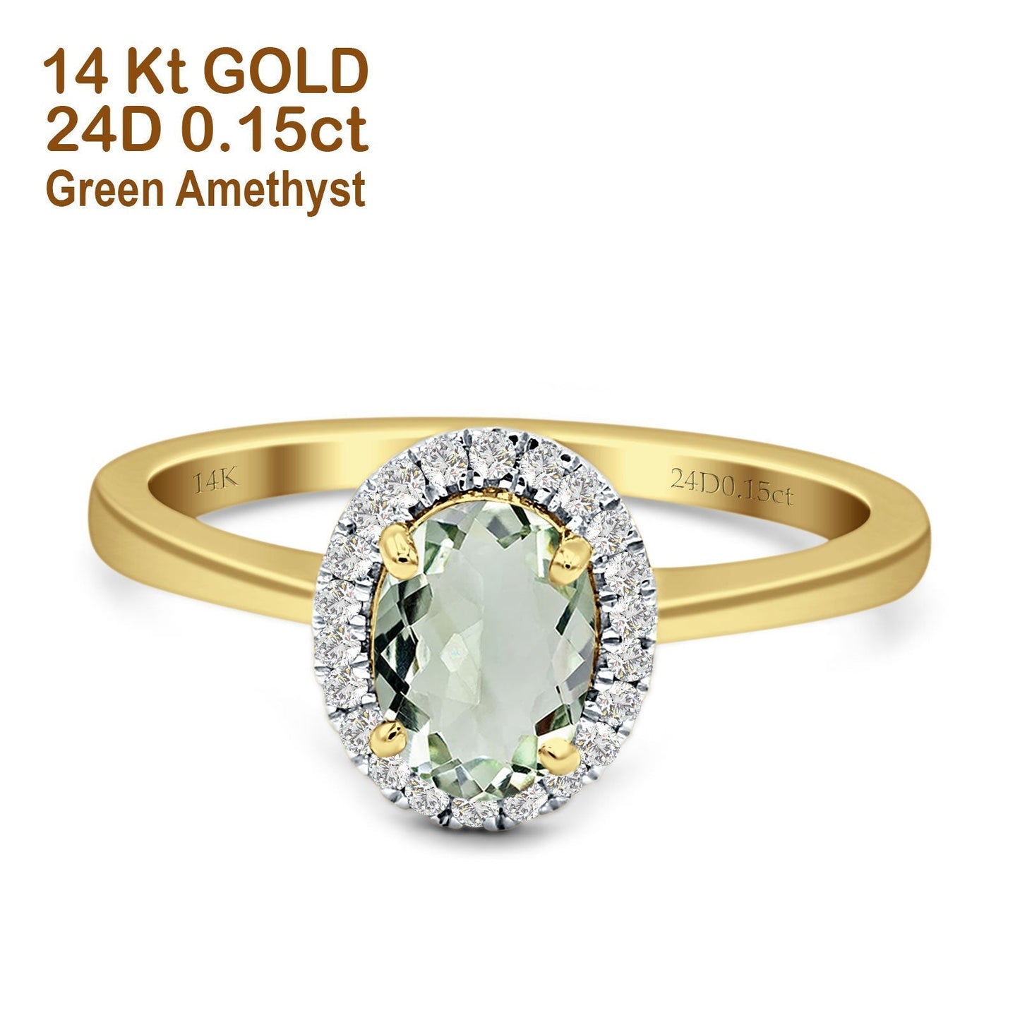 Oval Natural Green Amethyst Halo Diamond Solitaire Ring