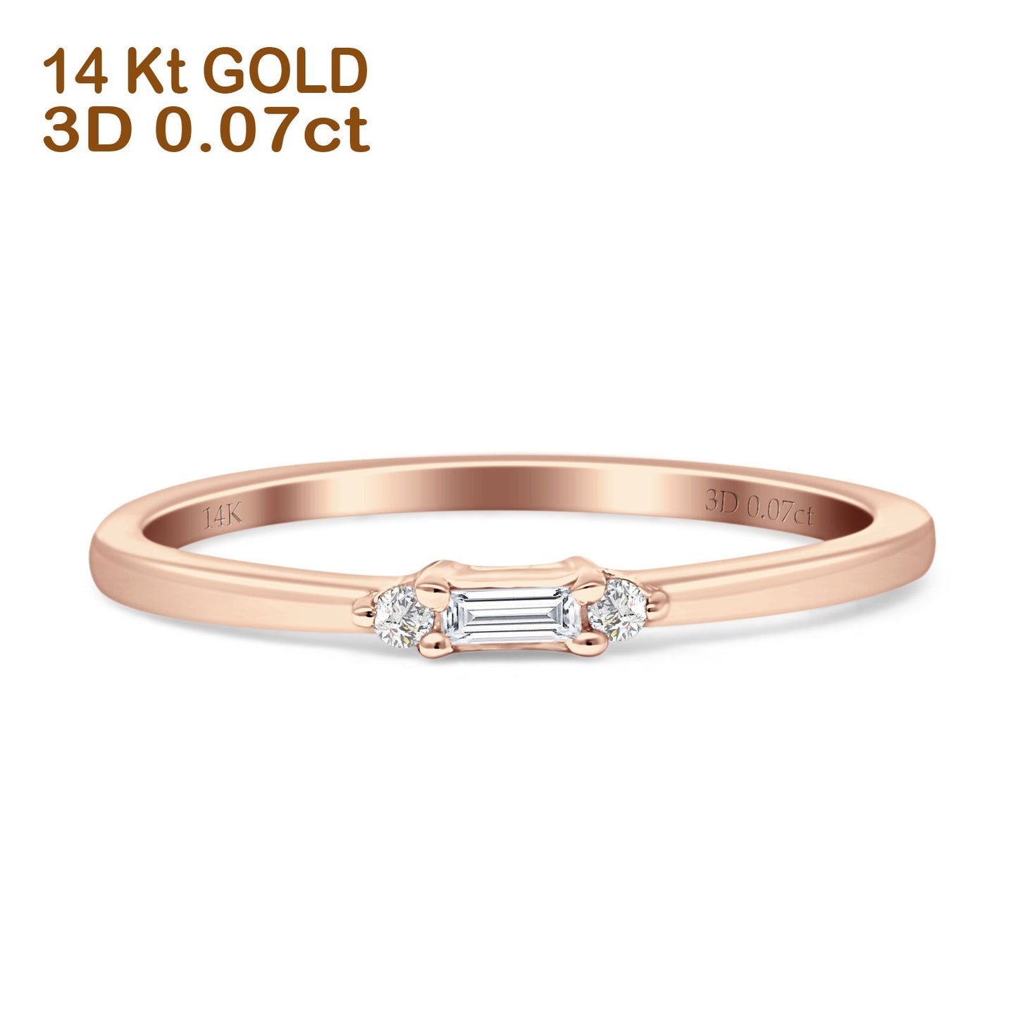 Stacking Baguette And Round Diamond Ring 14K Rose Gold 0.07ct Wholesale