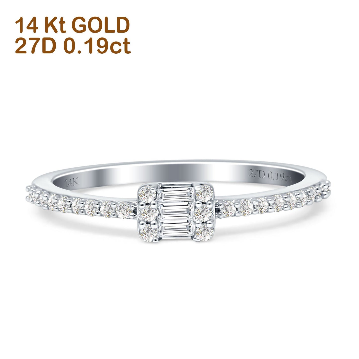 Stackable Petite Baguette & Round Diamond Ring 14K White Gold 0.19ct Wholesale