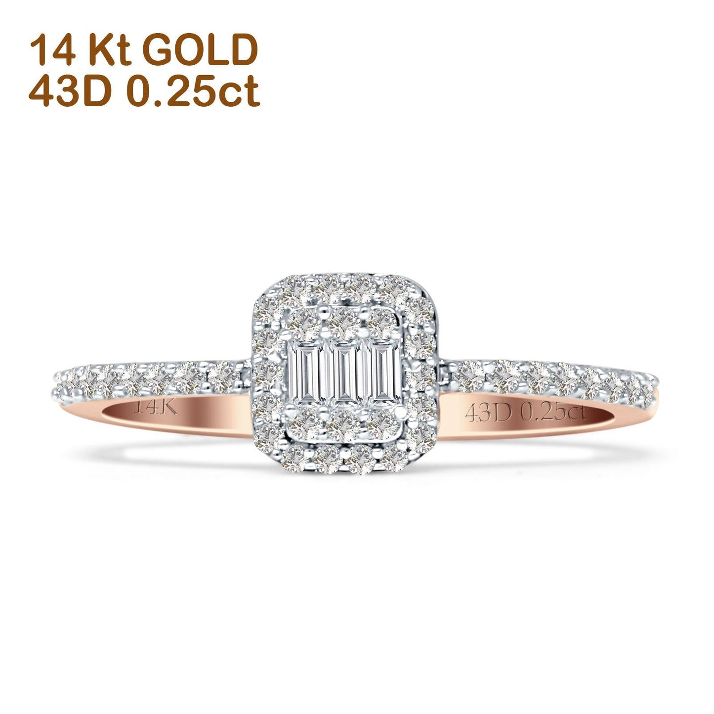 Halo Diamond Baguette Ring Round 14K Rose Gold 0.25ct Wholesale