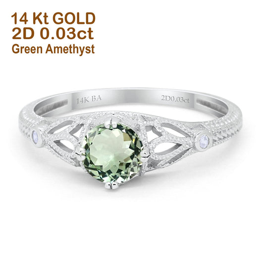 14K White Gold 0.87ct Vintage Design Solitaire Round 6mm G SI Natural Green Amethyst Diamond Engagement Wedding Ring Size 6.5