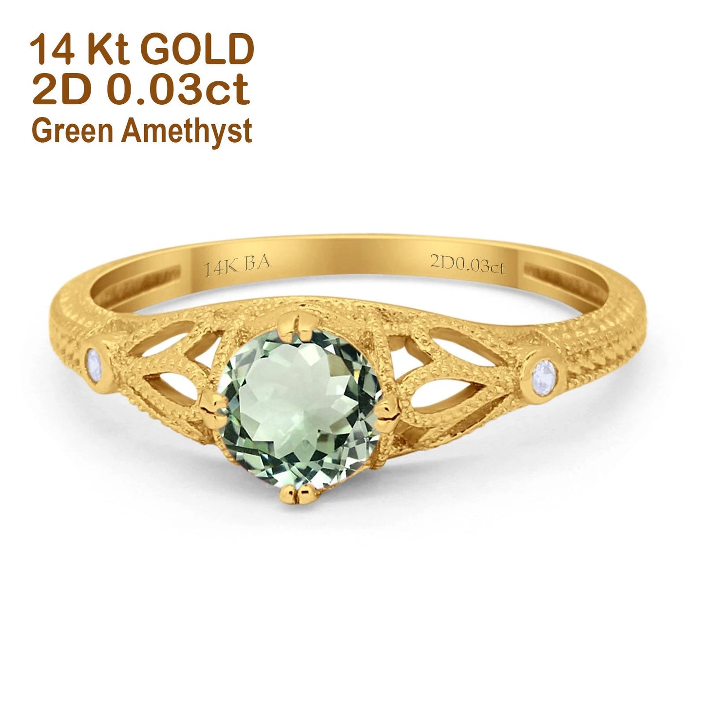 14K Yellow Gold 0.87ct Vintage Design Solitaire Round 6mm G SI Natural Green Amethyst Diamond Engagement Wedding Ring Size 6.5