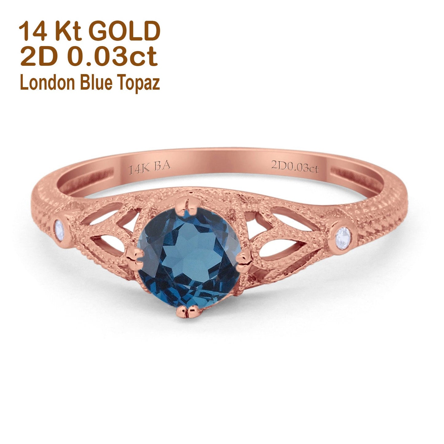 14K Rose Gold 0.87ct Vintage Design Solitaire Round 6mm G SI London Blue Topaz Diamond Engagement Wedding Ring Size 6.5