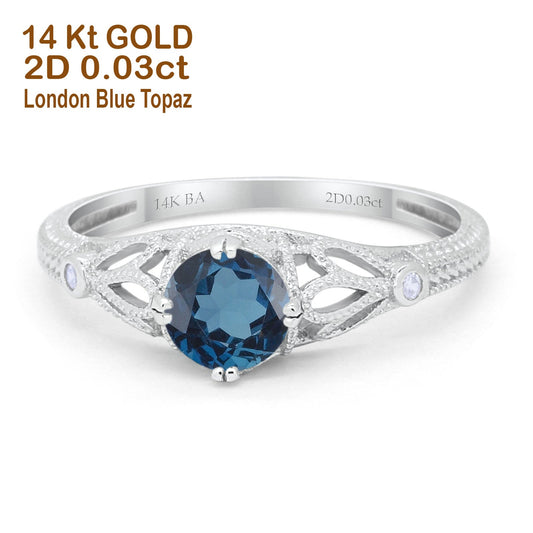 14K White Gold 0.87ct Vintage Design Solitaire Round 6mm G SI London Blue Topaz Diamond Engagement Wedding Ring Size 6.5