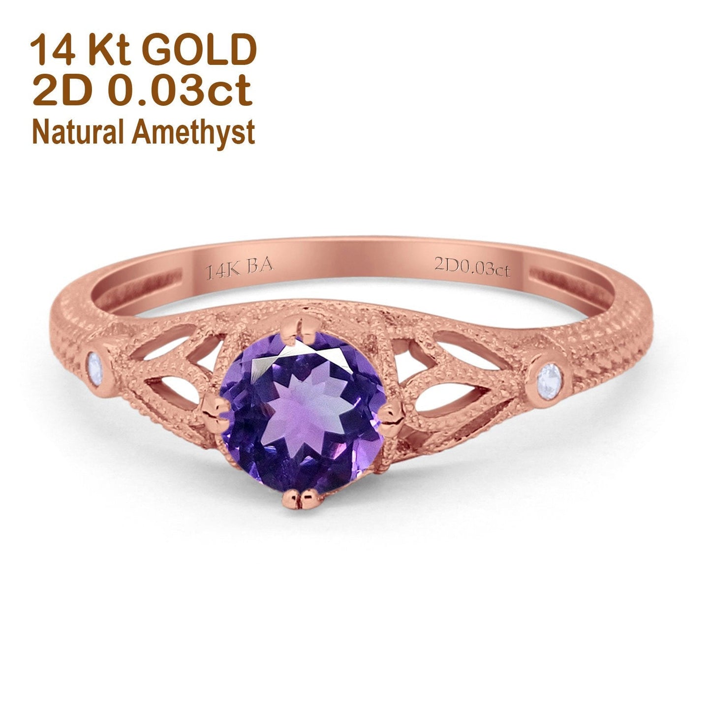 14K Rose Gold 0.87ct Vintage Design Solitaire Round 6mm G SI Natural Amethyst Diamond Engagement Wedding Ring Size 6.5