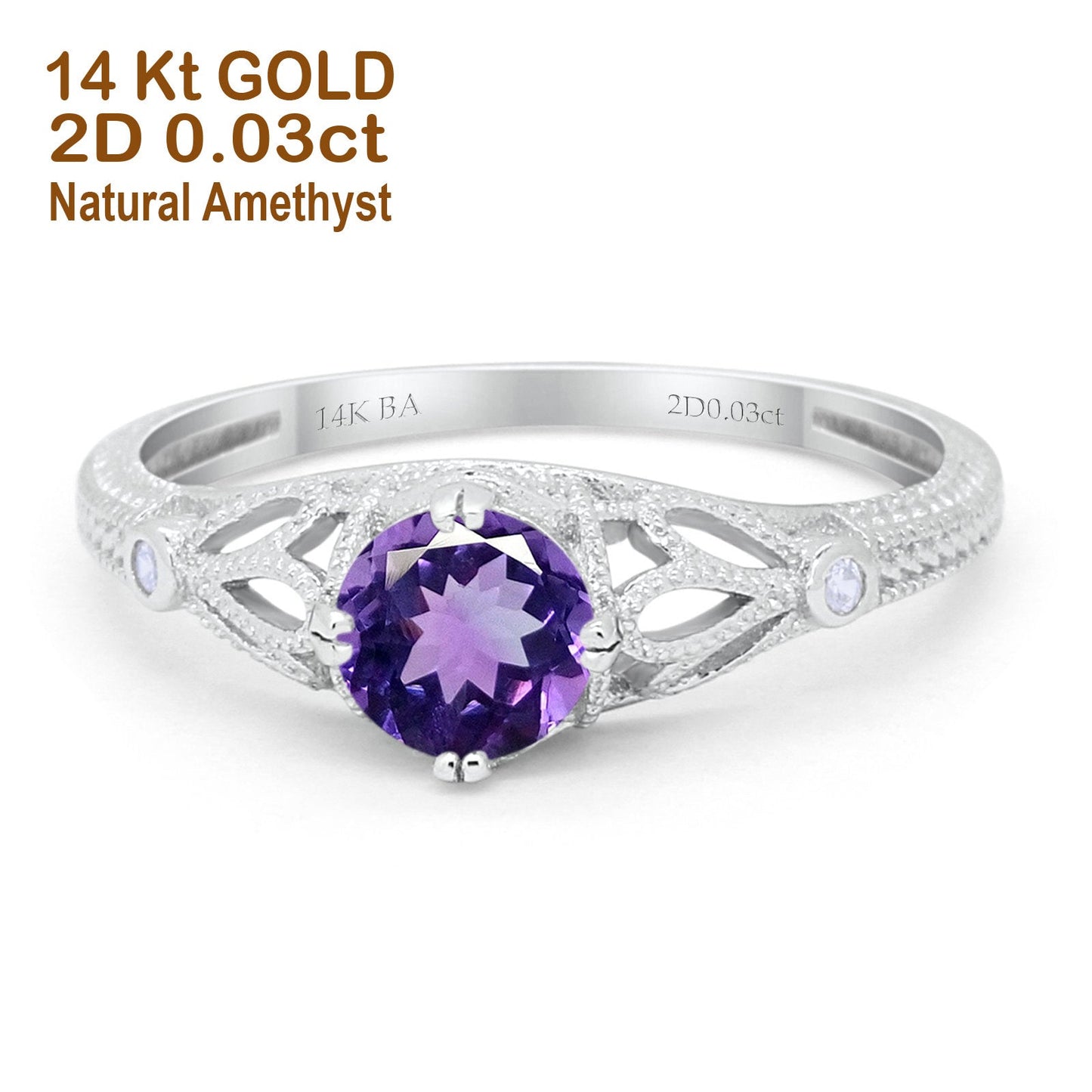 14K White Gold 0.87ct Vintage Design Solitaire Round 6mm G SI Natural Amethyst Diamond Engagement Wedding Ring Size 6.5