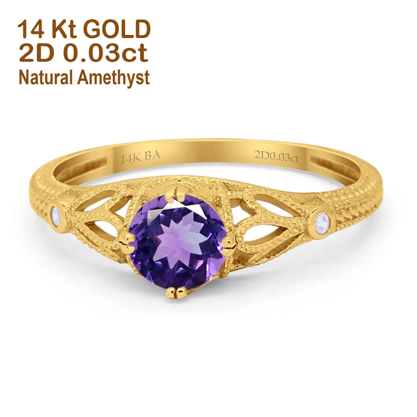 14K Yellow Gold 0.87ct Vintage Design Solitaire Round 6mm G SI Natural Amethyst Diamond Engagement Wedding Ring Size 6.5