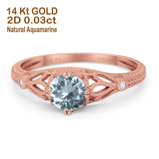 14K Rose Gold 0.87ct Vintage Design Solitaire Round 6mm G SI Natural Aquamarine Diamond Engagement Wedding Ring Size 6.5