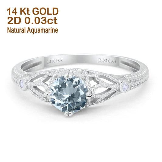 14K White Gold 0.87ct Vintage Design Solitaire Round 6mm G SI Natural Aquamarine Diamond Engagement Wedding Ring Size 6.5