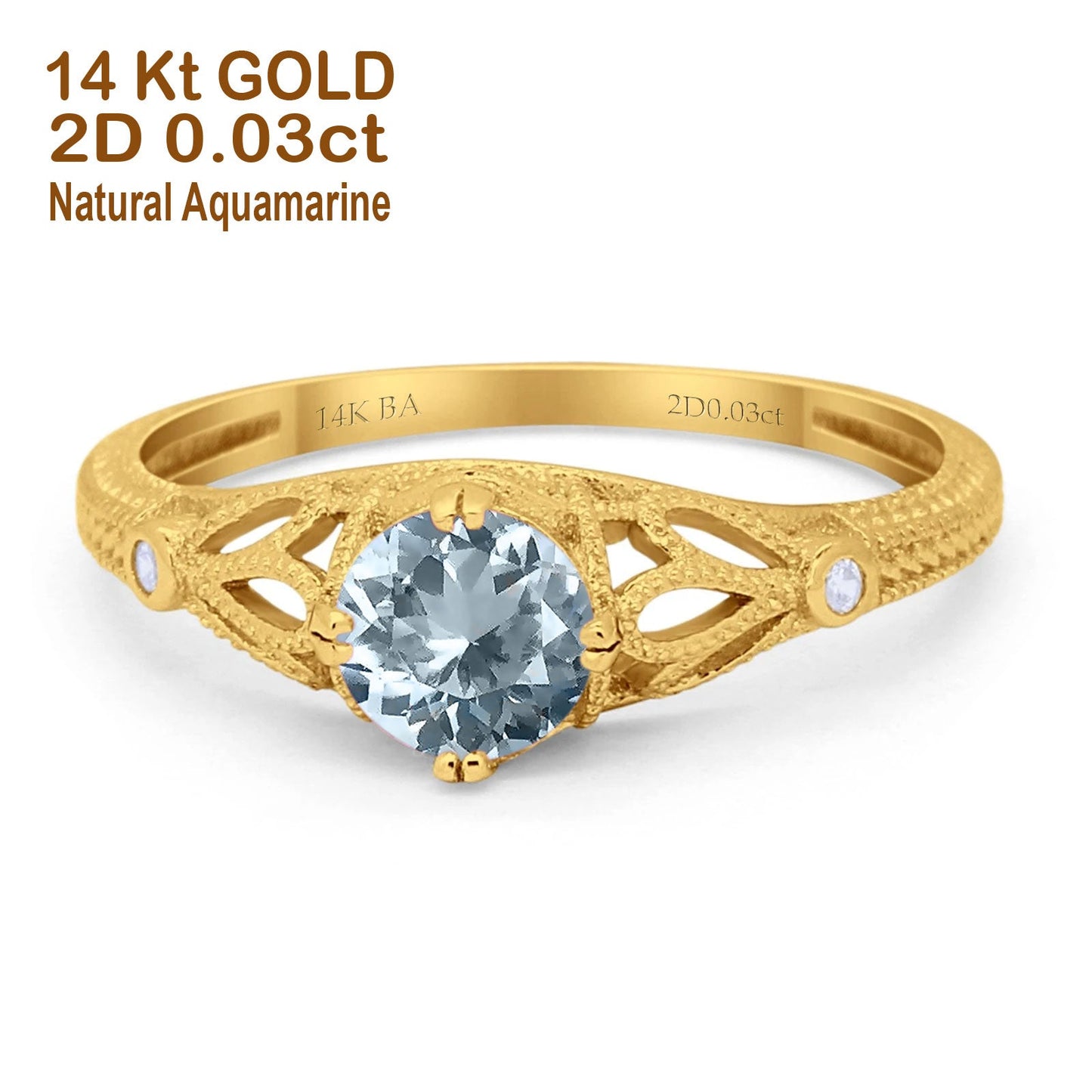 14K Yellow Gold 0.87ct Vintage Design Solitaire Round 6mm G SI Natural Aquamarine Diamond Engagement Wedding Ring Size 6.5