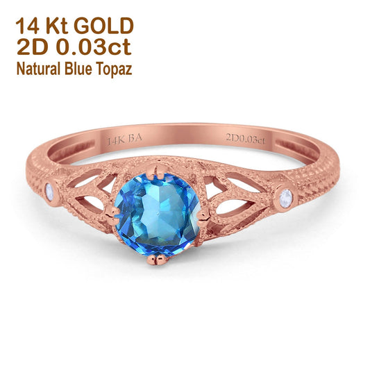 14K Rose Gold 0.87ct Vintage Design Solitaire Round 6mm G SI Natural Blue Topaz Diamond Engagement Wedding Ring Size 6.5