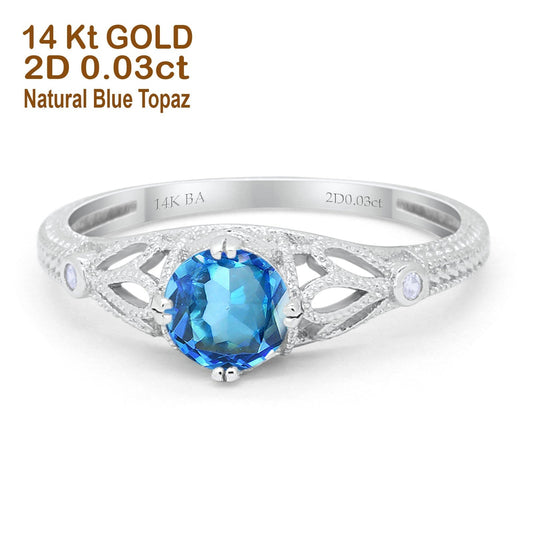 14K White Gold 0.87ct Vintage Design Solitaire Round 6mm G SI Natural Blue Topaz Diamond Engagement Wedding Ring Size 6.5