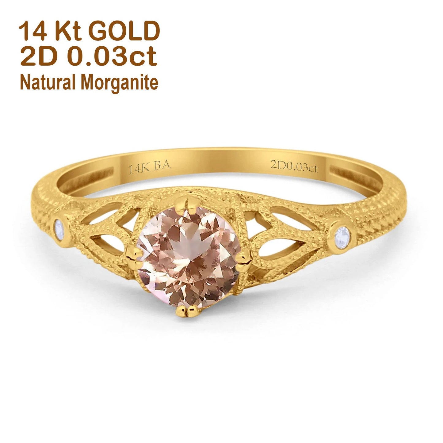 14K Yellow Gold 0.87ct Vintage Design Solitaire Round 6mm G SI Natural Morganite Diamond Engagement Wedding Ring Size 6.5