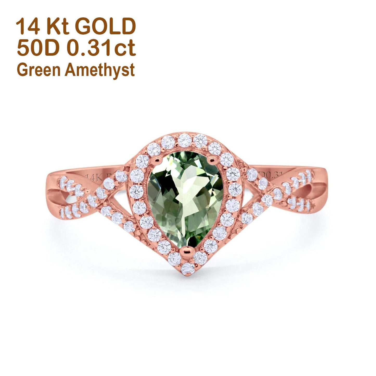 14K Rose Gold 1.56ct Teardrop Pear Infinity 11mm G SI Natural Green Amethyst Diamond Engagement Wedding Ring Size 6.5