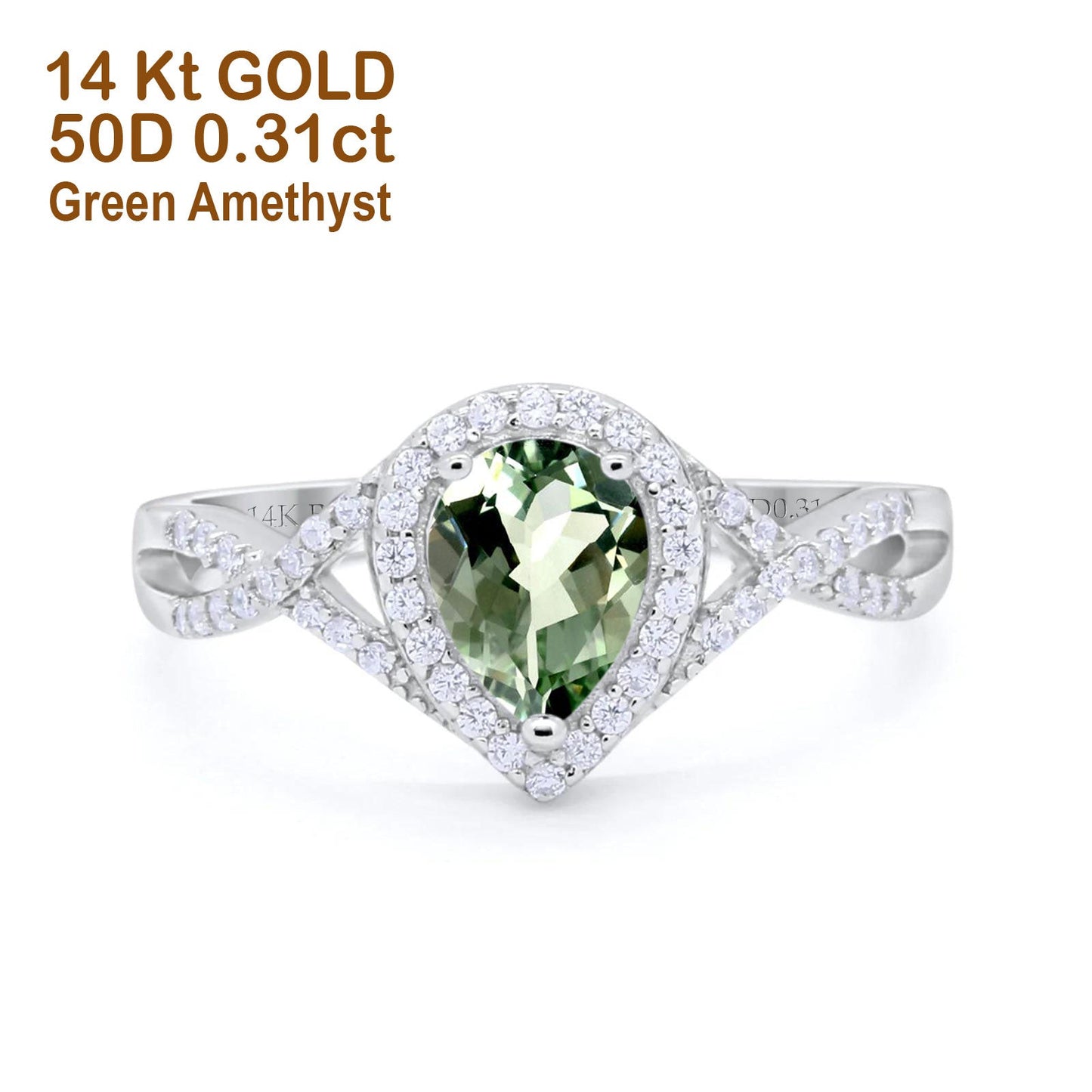 14K White Gold 1.56ct Teardrop Pear Infinity 11mm G SI Natural Green Amethyst Diamond Engagement Wedding Ring Size 6.5