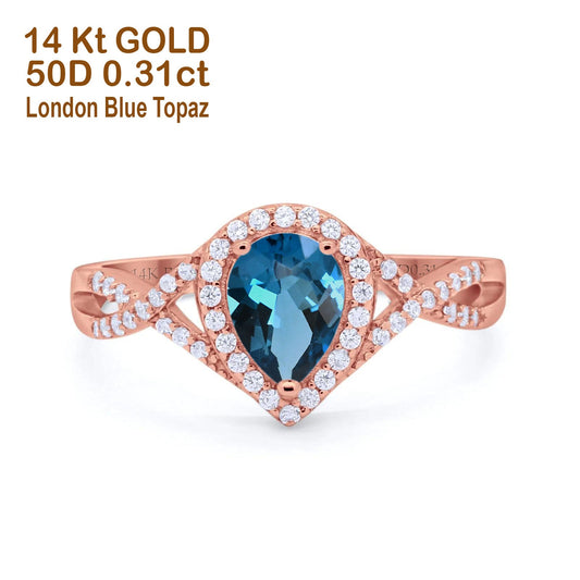 14K Rose Gold 1.56ct Teardrop Pear Infinity 11mm G SI London Blue Topaz Diamond Engagement Wedding Ring Size 6.5