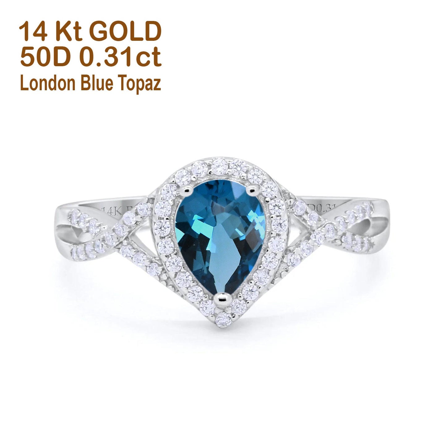 14K White Gold 1.56ct Teardrop Pear Infinity 11mm G SI London Blue Topaz Diamond Engagement Wedding Ring Size 6.5