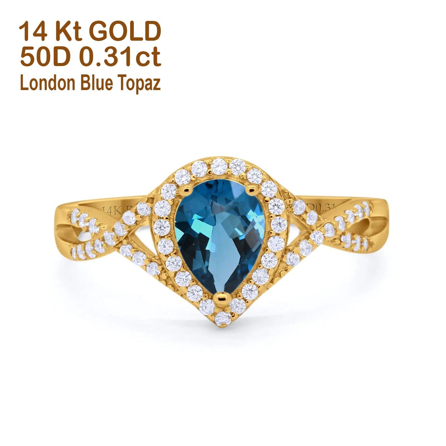 14K Yellow Gold 1.56ct Teardrop Pear Infinity 11mm G SI London Blue Topaz Diamond Engagement Wedding Ring Size 6.5