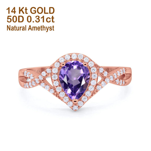 14K Rose Gold 1.56ct Teardrop Pear Infinity 11mm G SI Natural Amethyst Diamond Engagement Wedding Ring Size 6.5