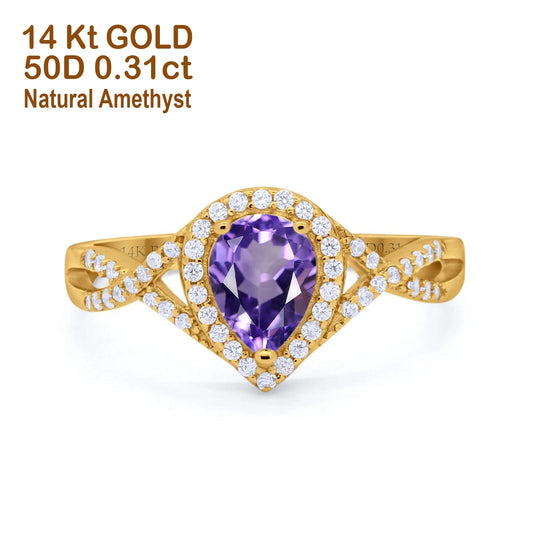 14K Yellow Gold 1.56ct Teardrop Pear Infinity 11mm G SI Natural Amethyst Diamond Engagement Wedding Ring Size 6.5