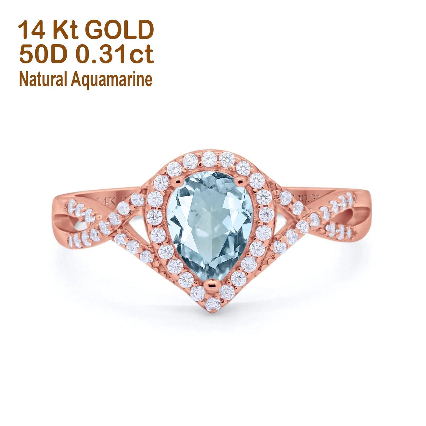 14K Rose Gold 1.56ct Teardrop Pear Infinity 11mm G SI Natural Aquamarine Diamond Engagement Wedding Ring Size 6.5