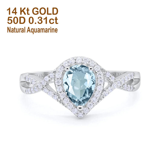 14K White Gold 1.56ct Teardrop Pear Infinity 11mm G SI Natural Aquamarine Diamond Engagement Wedding Ring Size 6.5