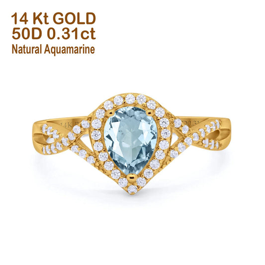 14K Yellow Gold 1.56ct Teardrop Pear Infinity 11mm G SI Natural Aquamarine Diamond Engagement Wedding Ring Size 6.5