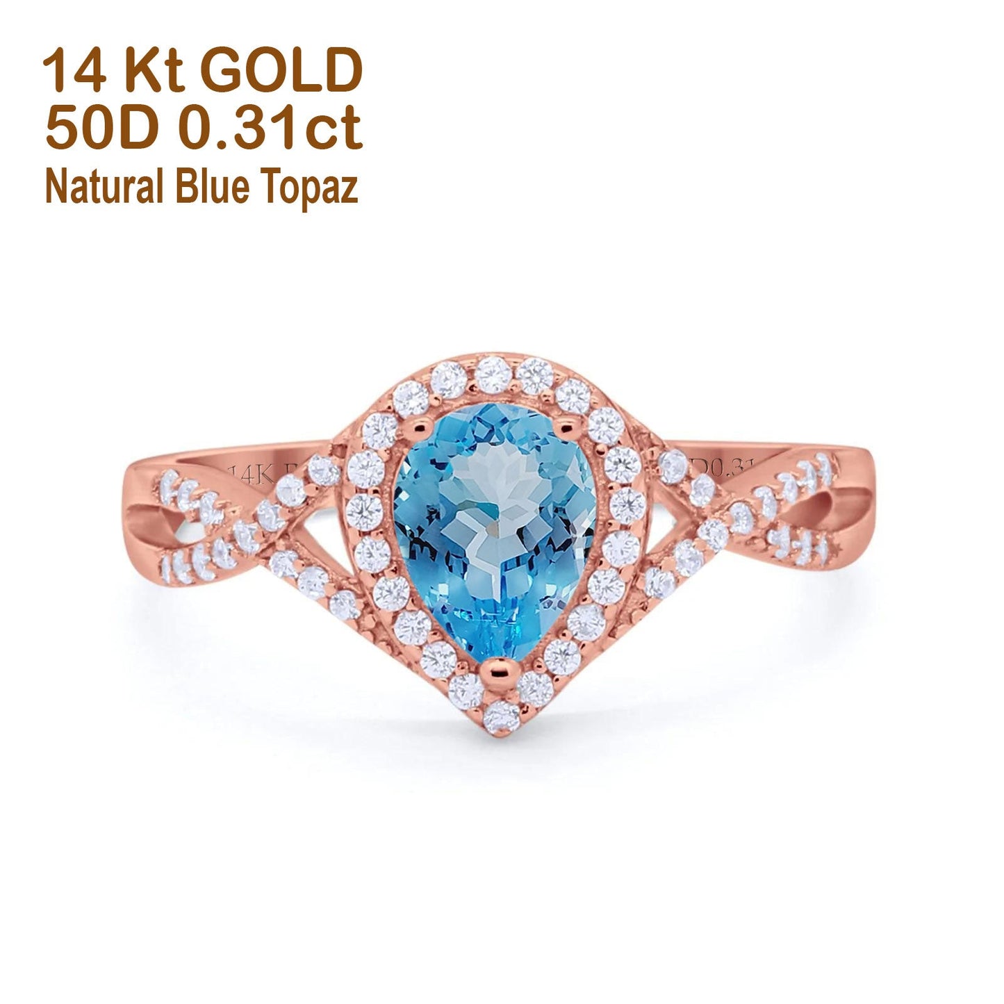 14K Rose Gold 1.56ct Teardrop Pear Infinity 11mm G SI Natural Blue Topaz Diamond Engagement Wedding Ring Size 6.5