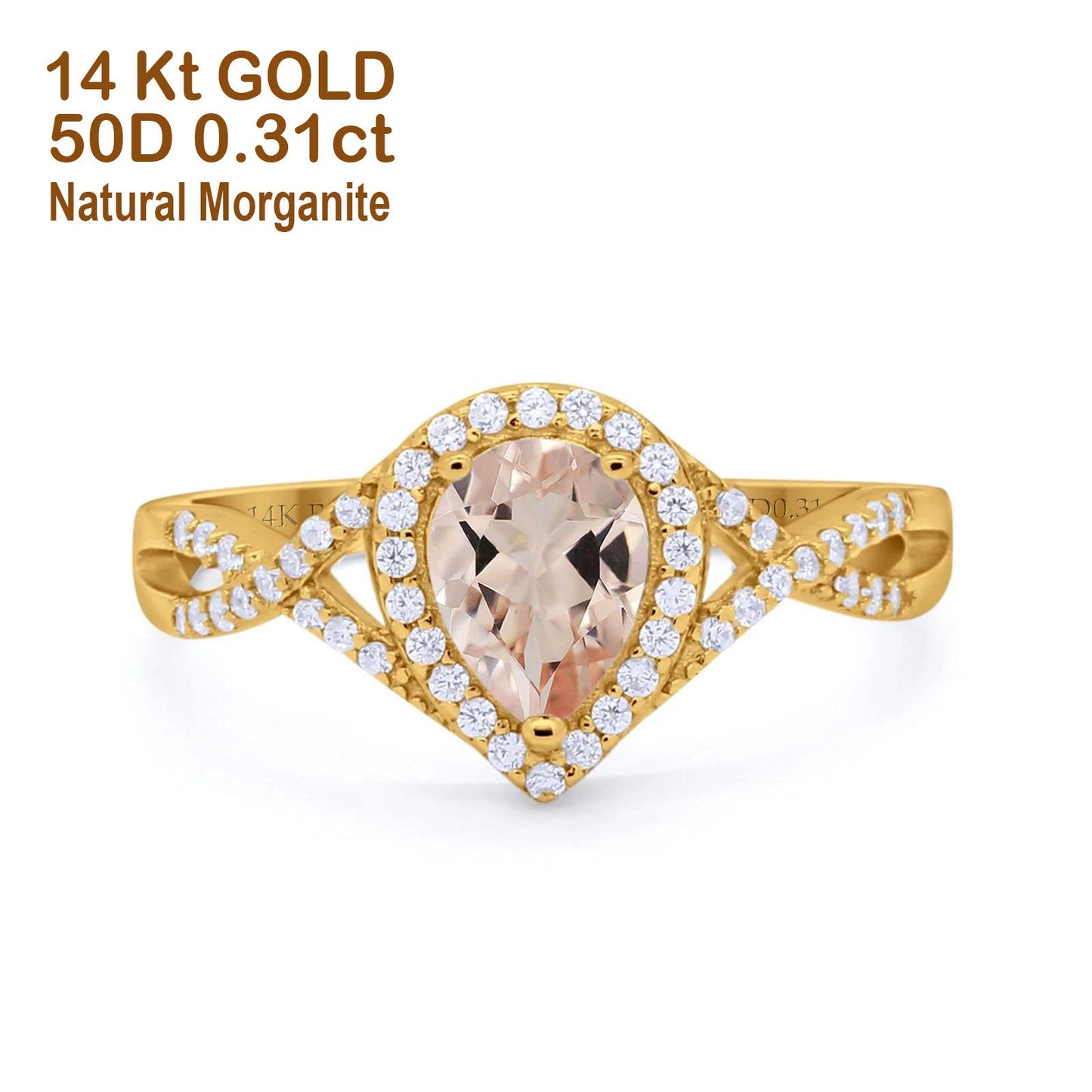 14K Yellow Gold 1.56ct Teardrop Pear Infinity 11mm G SI Natural Morganite Diamond Engagement Wedding Ring Size 6.5