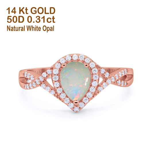 14K Rose Gold 0.31ct Teardrop Pear Infinity 11mm G SI Natural White Opal Diamond Engagement Wedding Ring Size 6.5