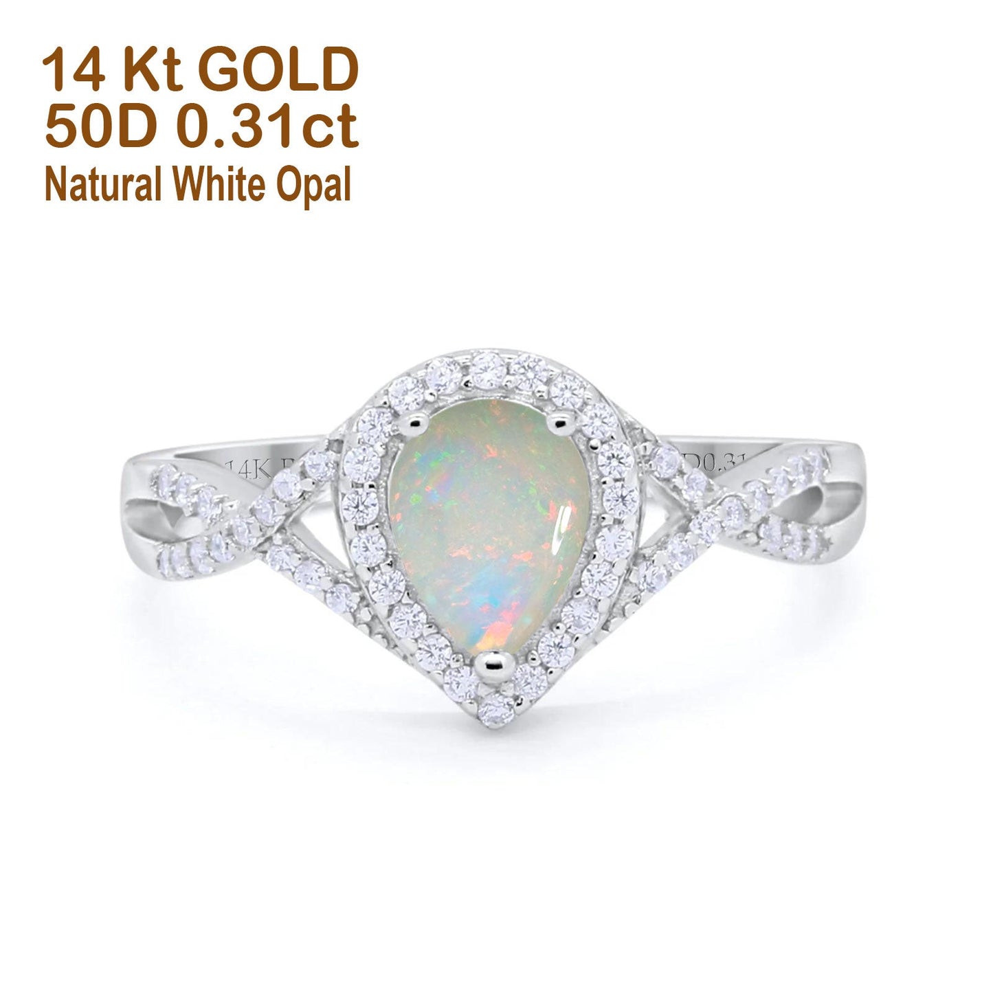 14K White Gold 0.31ct Teardrop Pear Infinity 11mm G SI Natural White Opal Diamond Engagement Wedding Ring Size 6.5