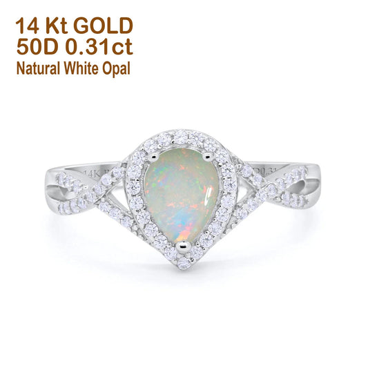 14K White Gold 0.31ct Teardrop Pear Infinity 11mm G SI Natural White Opal Diamond Engagement Wedding Ring Size 6.5