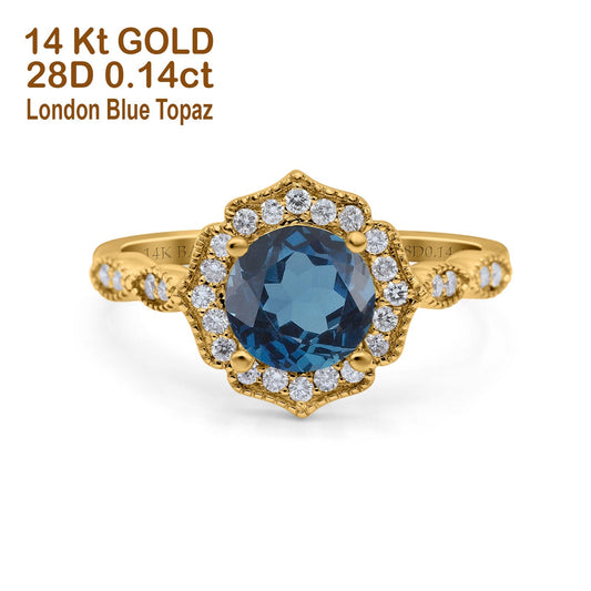 14K Yellow Gold 1.42ct Art Deco Round 7mm G SI London Blue Topaz Diamond Engagement Wedding Ring Size 6.5