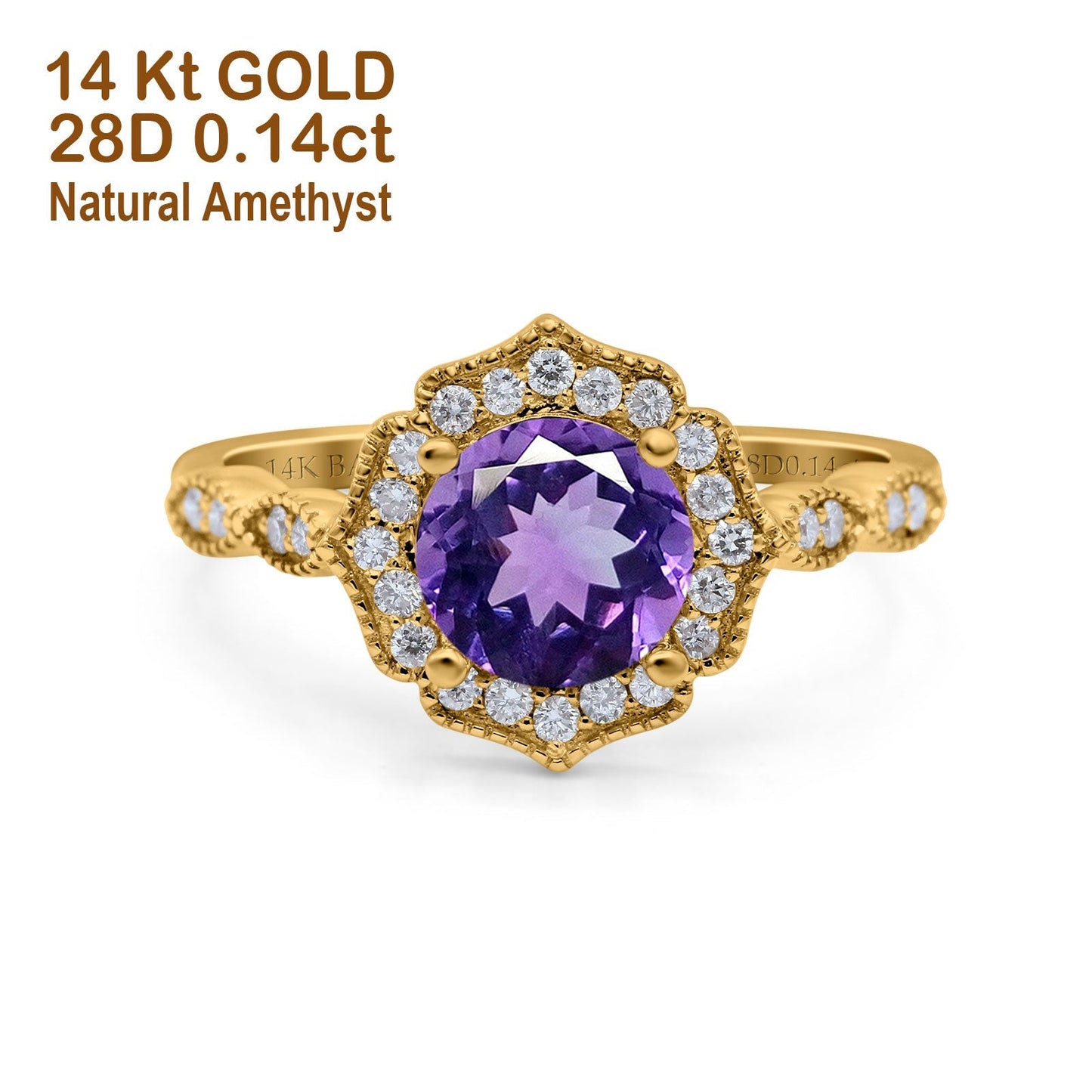 14K Yellow Gold 1.42ct Art Deco Round 7mm G SI Natural Amethyst Diamond Engagement Wedding Ring Size 6.5