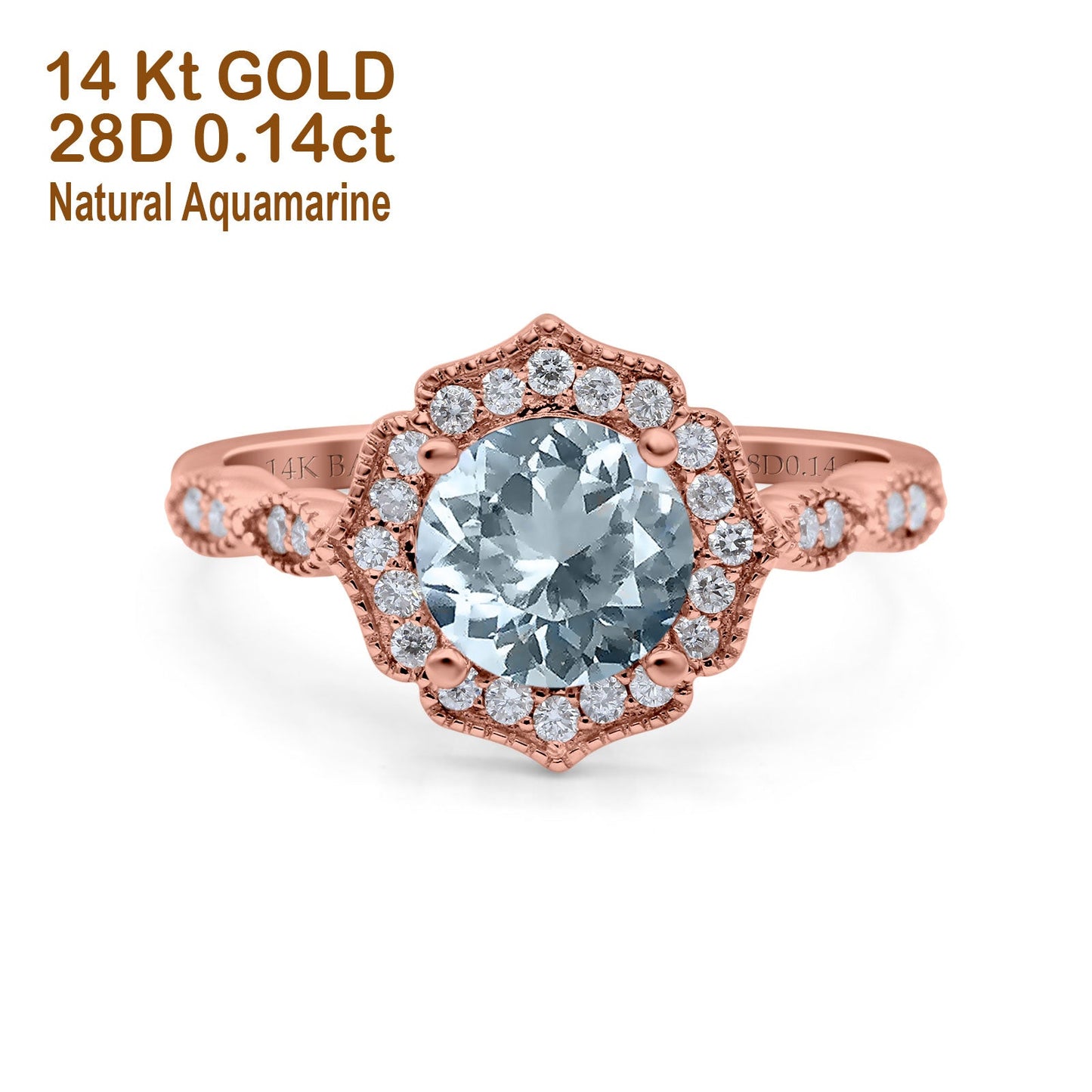 14K Rose Gold 1.42ct Art Deco Round 7mm G SI Natural Aquamarine Diamond Engagement Wedding Ring Size 6.5