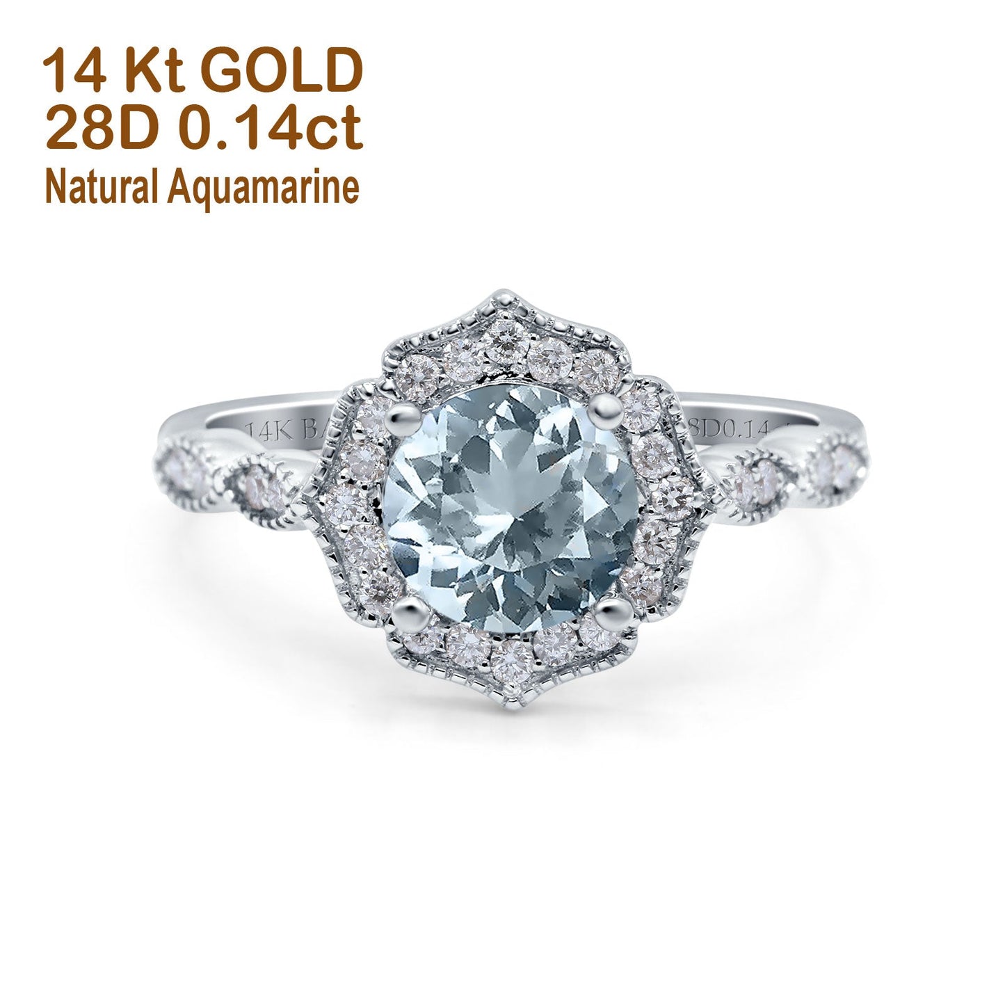 14K White Gold 1.42ct Art Deco Round 7mm G SI Natural Aquamarine Diamond Engagement Wedding Ring Size 6.5