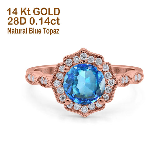 14K Rose Gold 1.42ct Art Deco Round 7mm G SI Natural Blue Topaz Diamond Engagement Wedding Ring Size 6.5