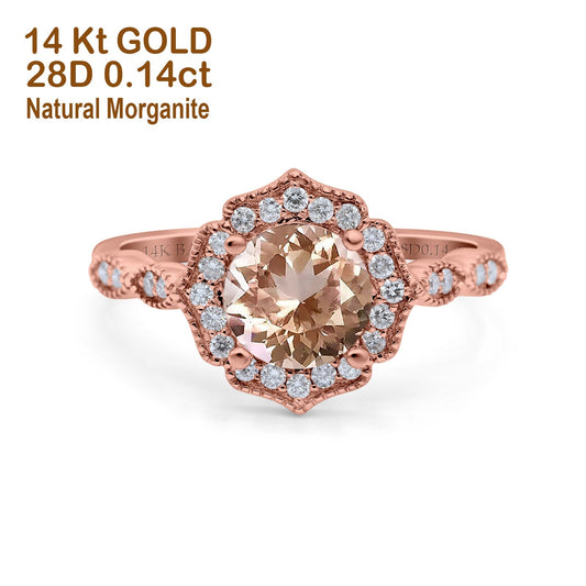 14K Rose Gold 1.42ct Art Deco Round 7mm G SI Natural Morganite Diamond Engagement Wedding Ring Size 6.5