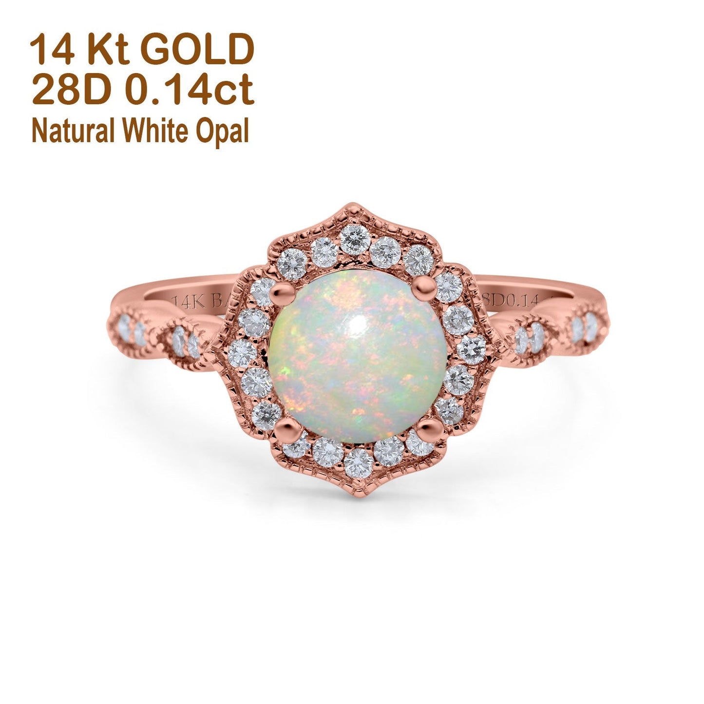 14K Rose Gold 0.14ct Art Deco Round 7mm G SI Natural White Opal Diamond Engagement Wedding Ring Size 6.5