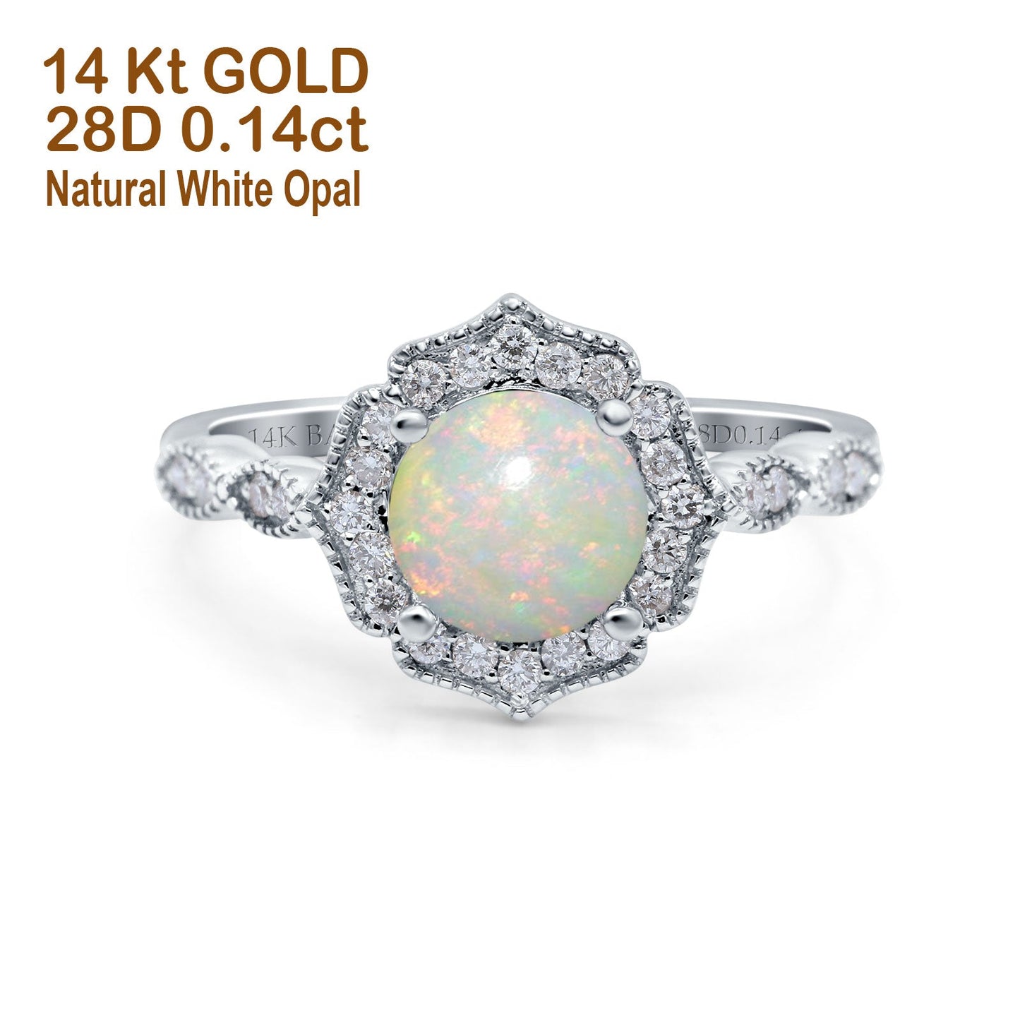 14K White Gold 0.14ct Art Deco Round 7mm G SI Natural White Opal Diamond Engagement Wedding Ring Size 6.5