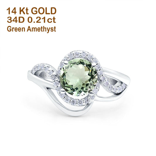 14K White Gold 1.49ct Art Deco Round 7mm G SI Natural Green Amethyst Diamond Engagement Wedding Ring Size 6.5