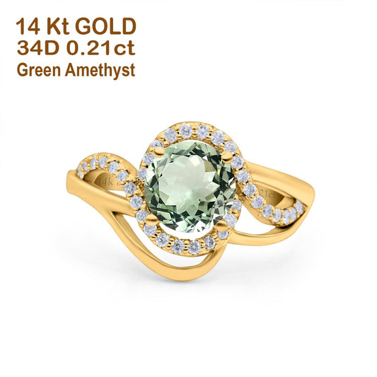 14K Yellow Gold 1.49ct Art Deco Round 7mm G SI Natural Green Amethyst Diamond Engagement Wedding Ring Size 6.5